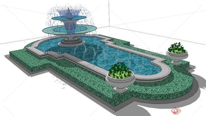 现代风格景观喷泉水池su模型