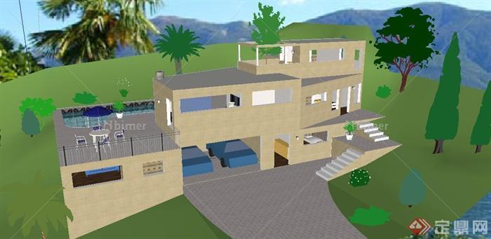 现代简约别墅住宅建筑设计su模型