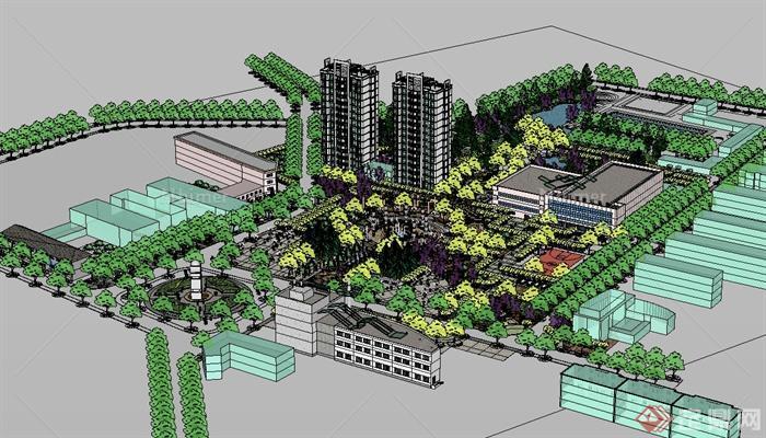 某现代风格办公环境广场及办公楼设计su模型[原创