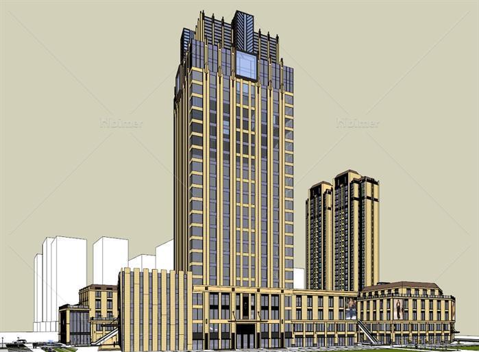 新古典银行 超市 高层住宅综合体建筑SU精致设计