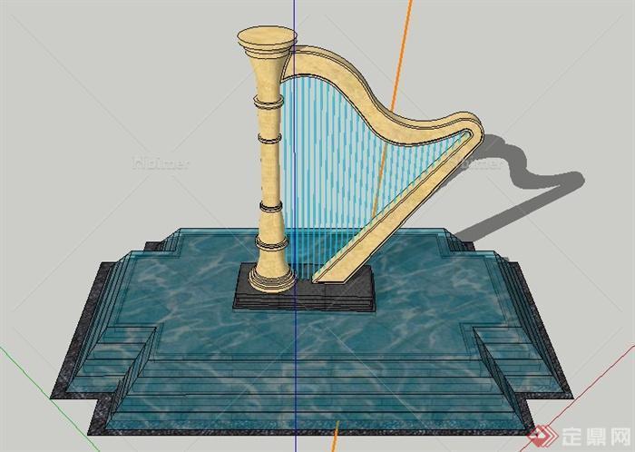 园林景观竖琴雕塑叠水池su模型