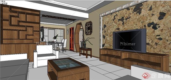某中式风格复式住宅客厅餐厅室内设计SU模型[原创