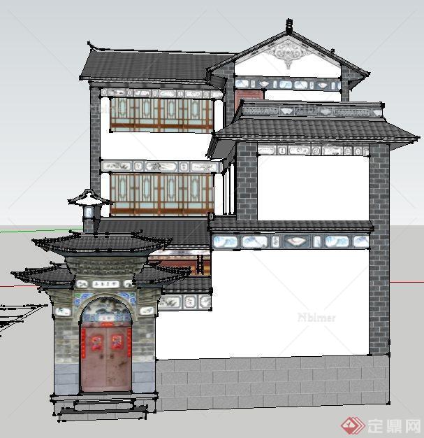 某现代中式三层别墅建筑设计su模型（含庭院）