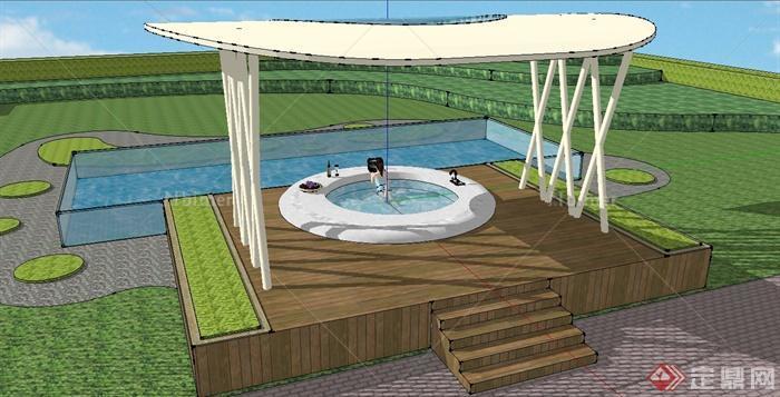 园林景观廊亭泳池景观设计SU模型与PSD效果图[原