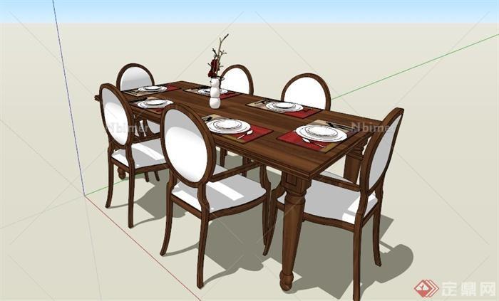 现代中式雅致6人餐桌SU模型[原创]