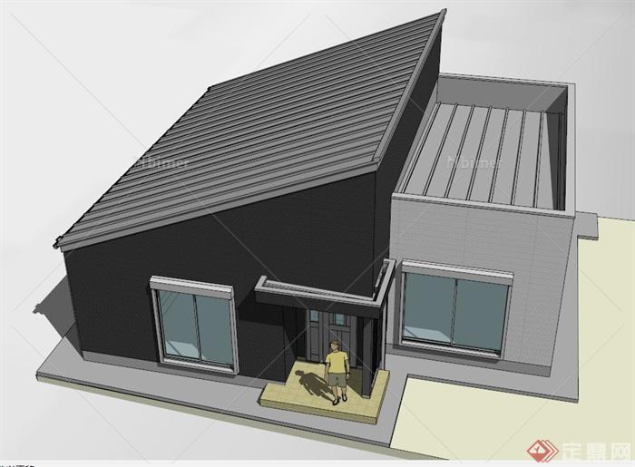 一栋斜顶单层住宅建筑设计SU模型