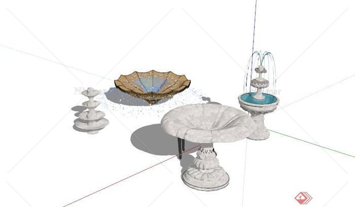 四个喷水景观小品构件SU模型