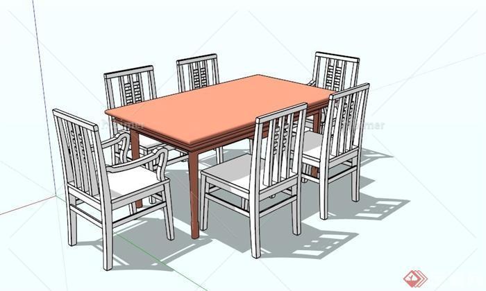 现代中式六人木制餐桌SU模型[原创]