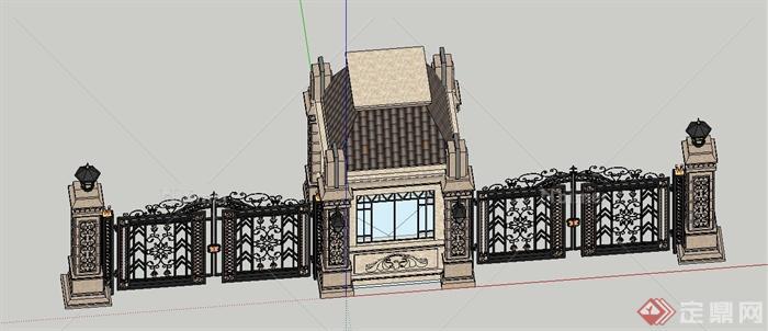欧式铁艺大门与门卫亭设计SU模型[原创]