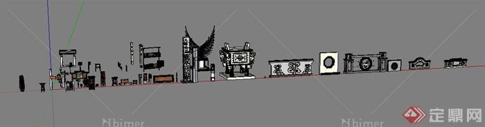 古典中式标志牌、景墙、雕塑、门头等su模型