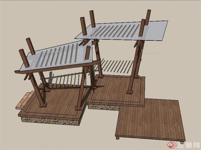 现代木平台及玻璃木亭su模型
