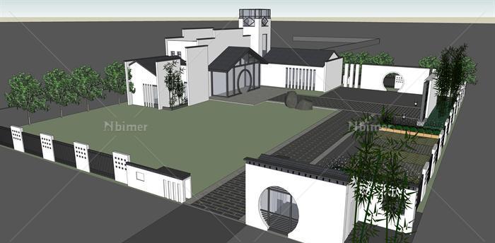 某新中式风格办公书院建筑方案设计SU模型（含景