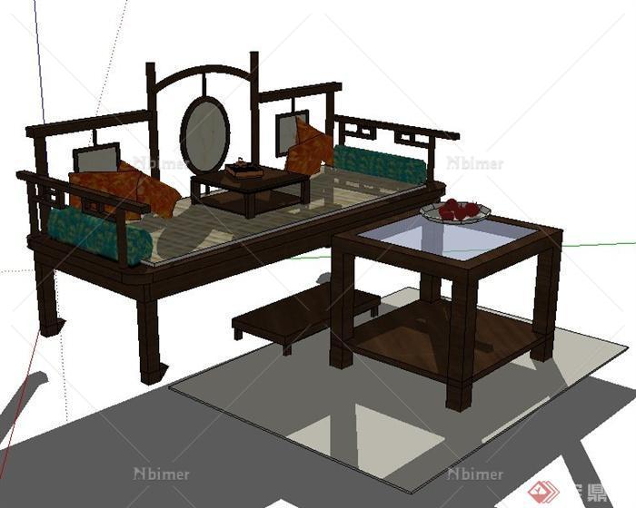 中式风格罗汉床及茶几su模型