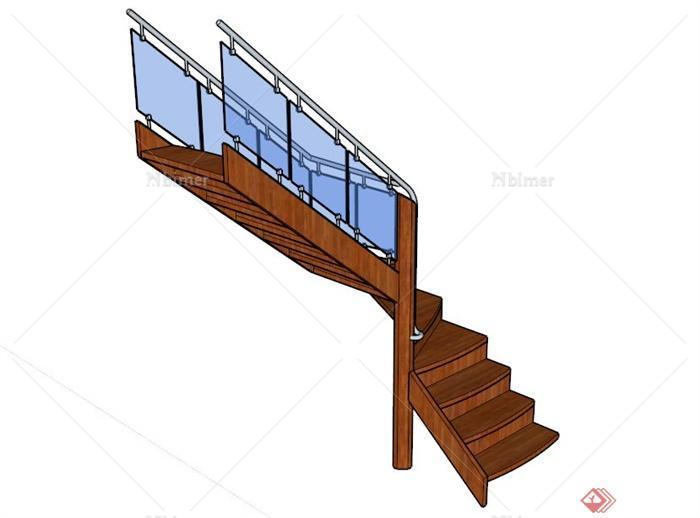 室内玻璃围栏木楼梯设计SU模型[原创]