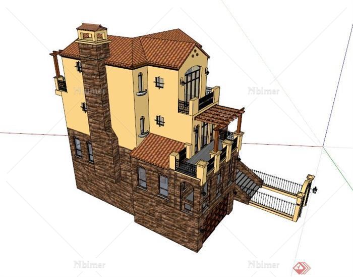四层美式别墅建筑设计SU模型