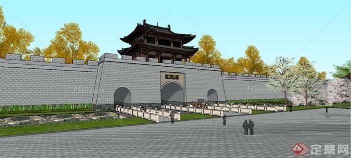 某古典中式风格旅游区城墙古建设计SU模型[原创]