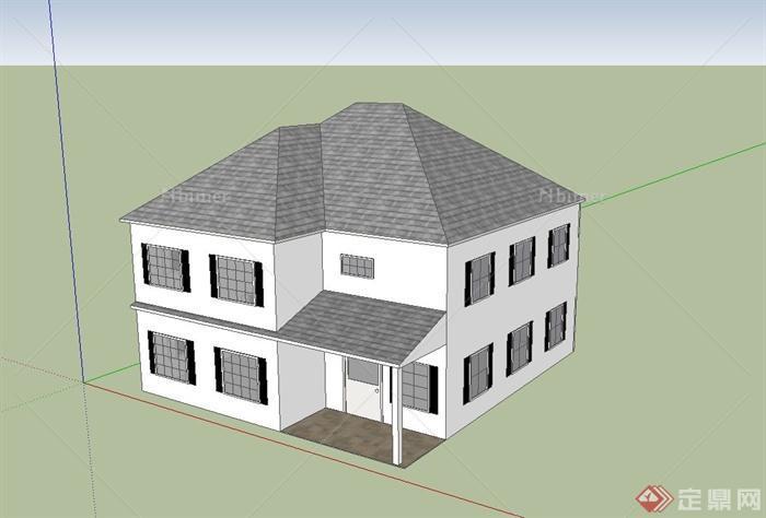 现代两层方形住宅建筑设计SU模型