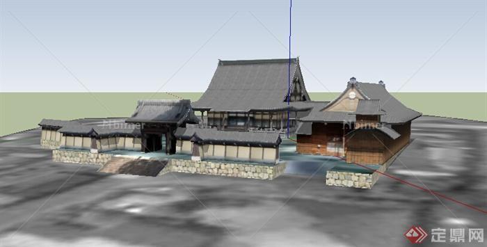 日式风格古典住宅带庭院建筑设计SU模型