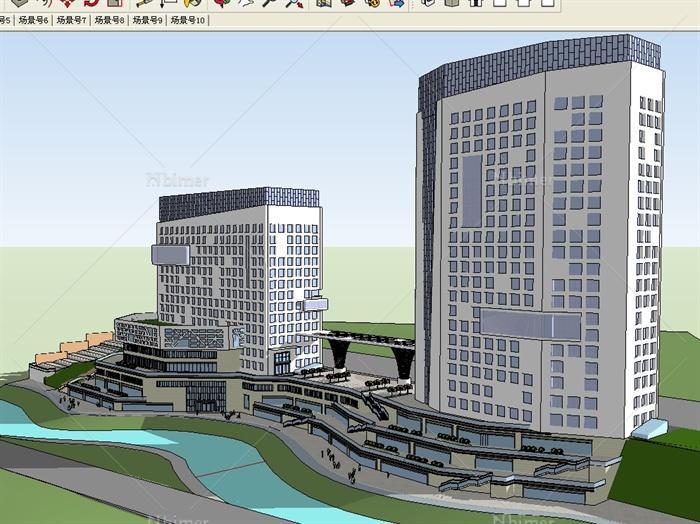 某现代风格滨河商业广场综合体建筑设计SU模型[原