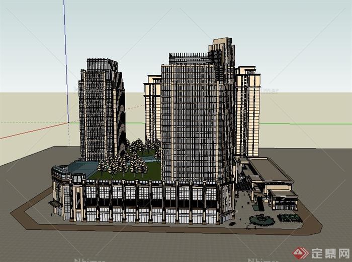 新古典风格详细商业住宅楼综合体设计su模型[原创