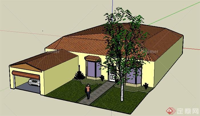 某现代风格单层住宅带车库建筑设计SU模型