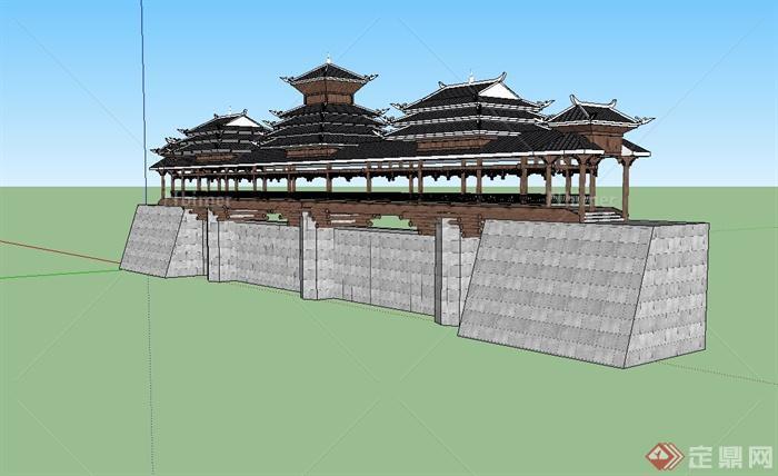 古典中式苗族长廊桥设计su模型