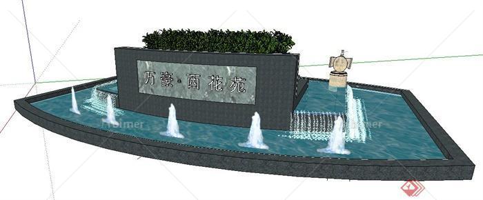 现代入口标志喷泉水景su模型
