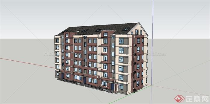 某简约现代中式风格多层住宅楼建筑设计SU模型[原