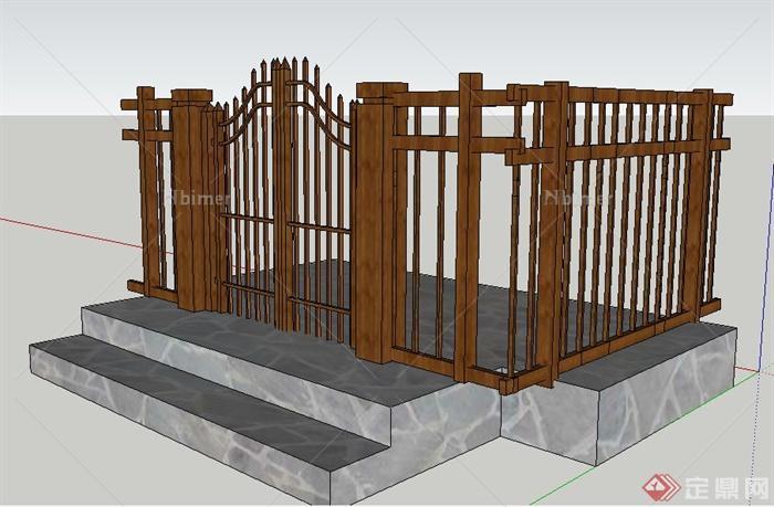 中式木制花园门及围栏su模型