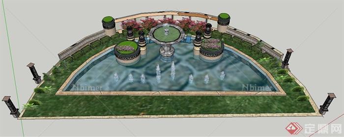 现代风格喷泉景观水池su模型