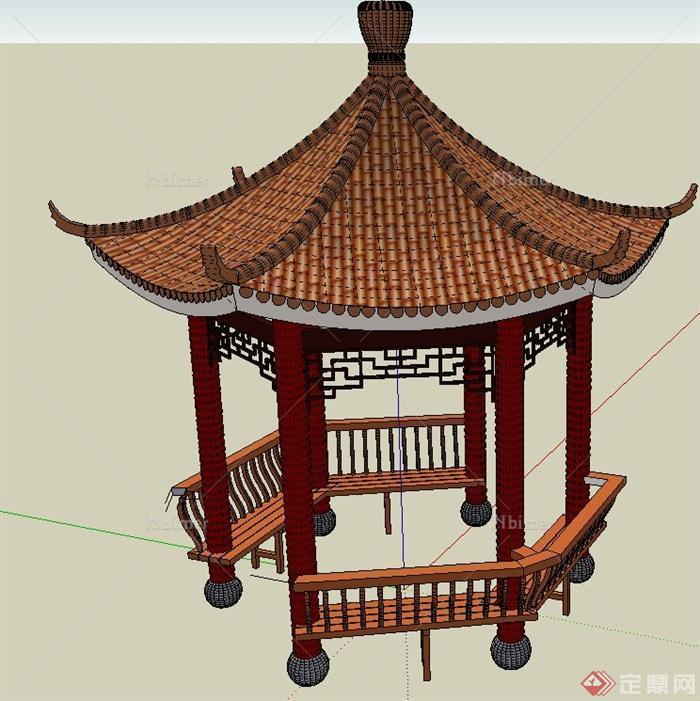 园林古典中式六角亭设计SU模型