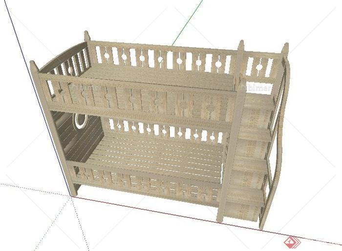 木质带梯柜高低床儿童床设计su模型[原创]