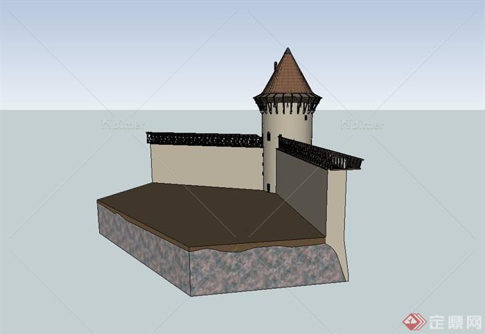 某欧式风格城堡围墙瞭望塔设计su模型[原创]