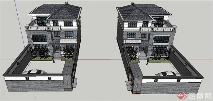 两栋新中式三层民居建筑设计su模型