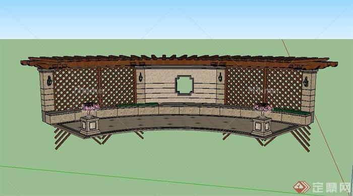 某木质弧形廊架、景墙、花钵组合设计SU模型