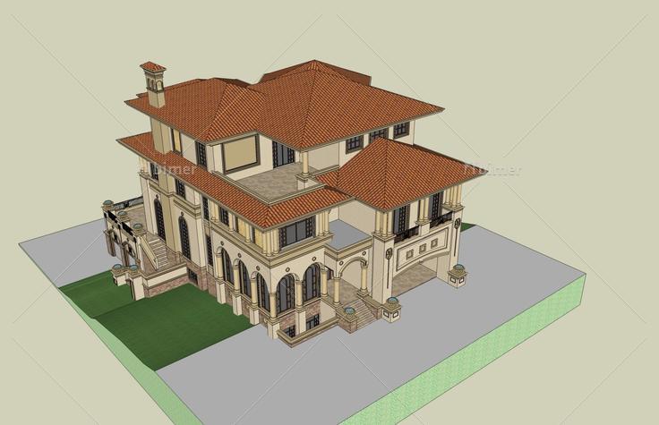 西班牙风格独栋别墅(46015)su模型下载