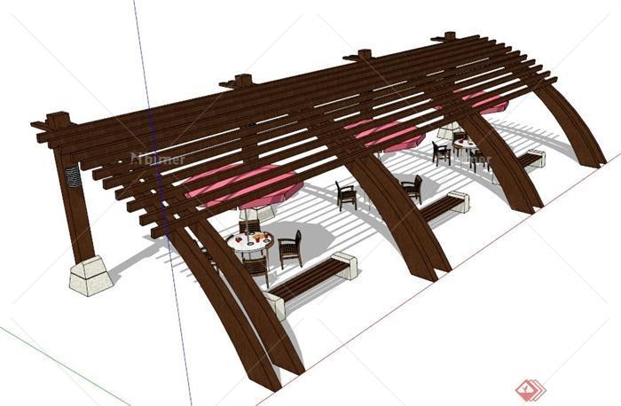 现代风格木制扇形休息廊架su模型