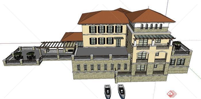 某欧式三层组合别墅建筑设计SU模型