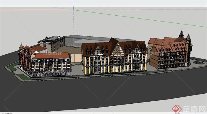 某欧式风格街道商业办公综合建筑设计su模型[原创
