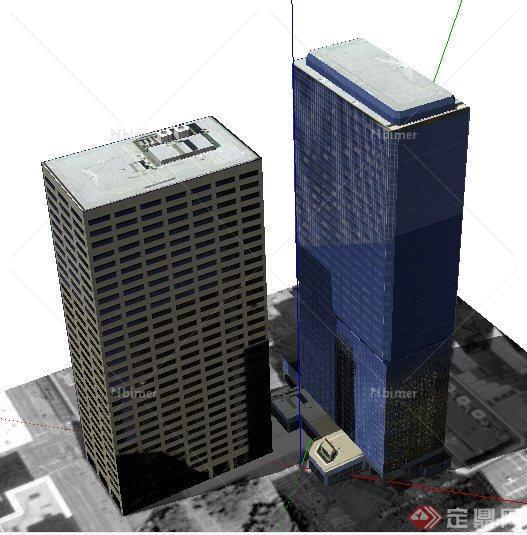 现代风格两栋高层办公楼建筑设计su模型