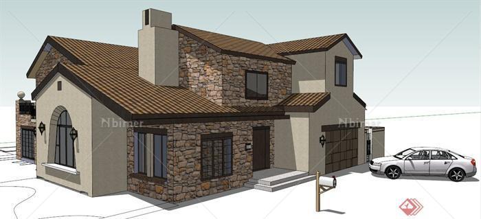 西班牙风格二层小别墅建筑设计su模型