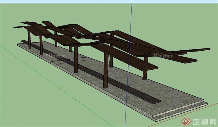 某条形木质简易廊架设计SU模型