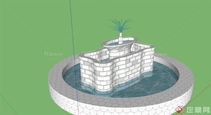 现代圆形喷泉水池景观SU模型