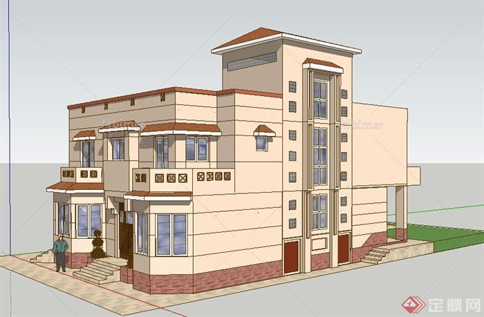 某现代风格小型双层别墅住宅建筑设计SU模型