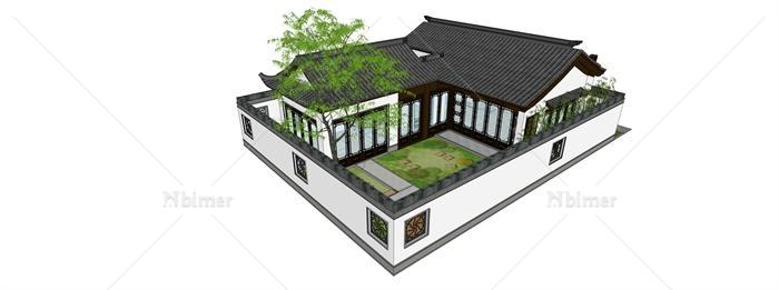 某现代中式庭院式住宅楼建筑设计su模型[原创]