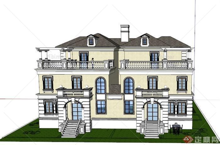 某欧式两栋三层联排别墅建筑设计SU模型