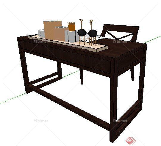 中式风格书桌椅及书柜su模型