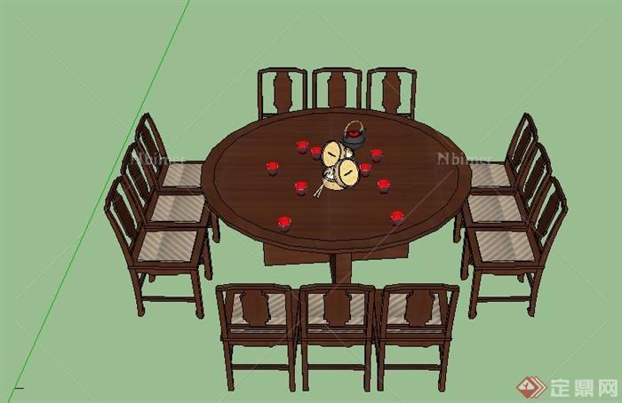 木质12人餐桌椅设计SU模型