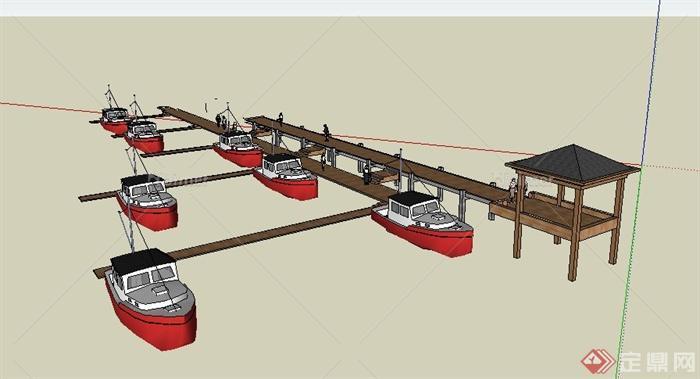 现代风格码头木栈道凉亭组合su模型
