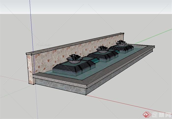 现代水池、景墙设计su模型[原创]
